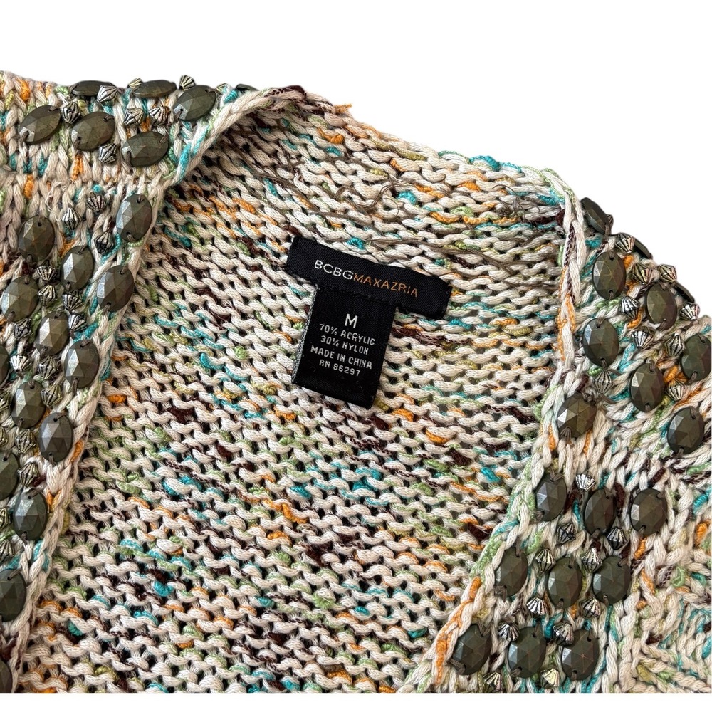 BCBGMAXAZRIA Y2K Beaded V-Neck Space Dye Knit Mini Dress Multi Color M Boho - Picture 6 of 11